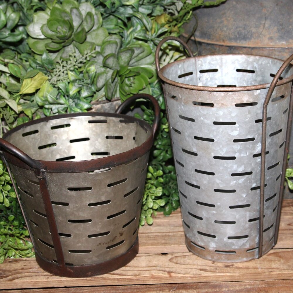 Pair of Rustic French Country Farmhouse Metal Olive Buckets